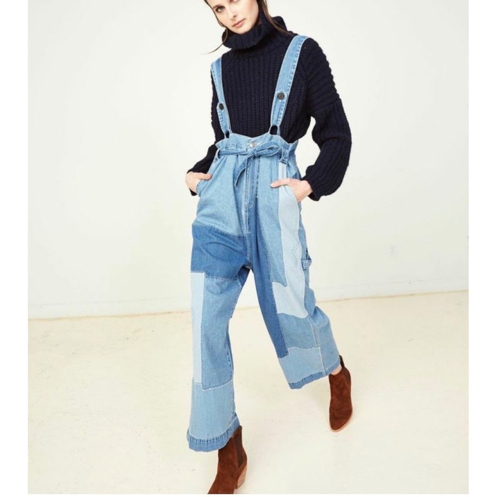 Ulla Johnson Patchwork Denim Wide Leg Overalls Blue Cotton Size 4